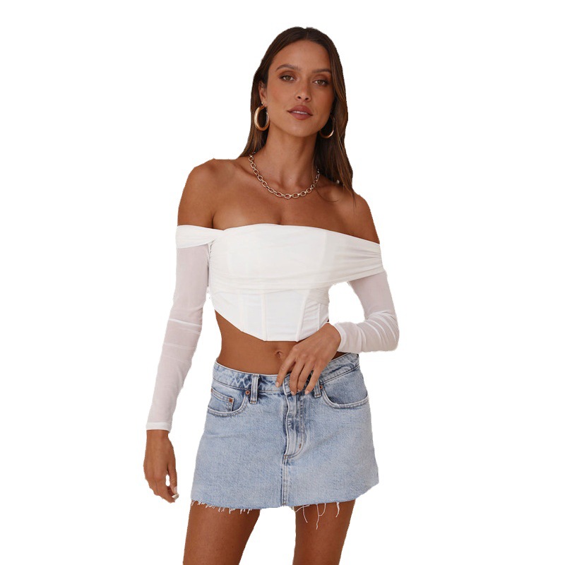 2023 europeo y americano Amazon popular sexy Fishbone malla corto superior caliente chica moda fuera del hombro manga larga Camiseta image 6