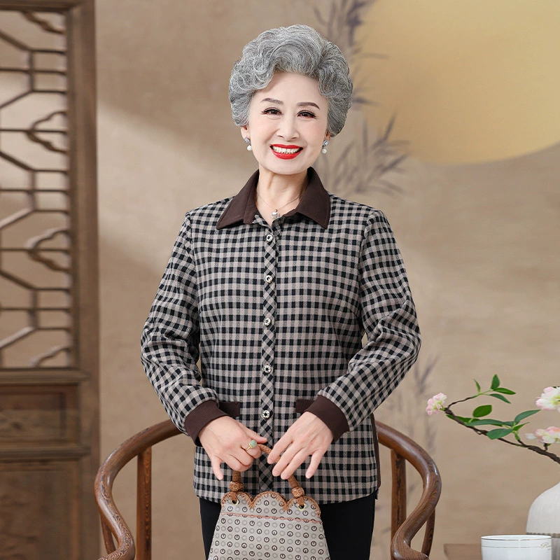 Среднее и старое женское осеннее платье старик с длинными рукавами рубашка бабушка клетчатая одежда 60-летняя мама весенняя и осенняя рубашка