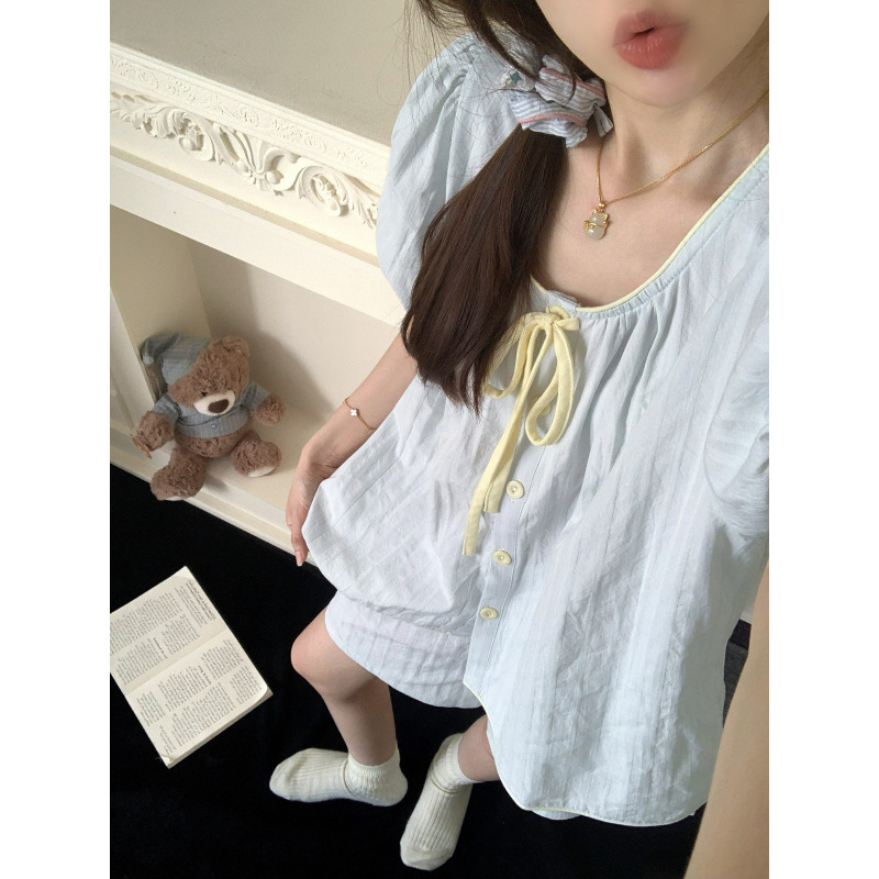 French-Style Lace-Up Pajamas for Women, Summer Short-Sleeved Set, High-End and Sweet, Cross-Border Cloud Cotton Loungewear That Can Be Worn Outside French-Style Lace-Up Pajamas for Women, Summer Short-Sleeved Set, High-End and Sweet, Cross-Border Cloud Cotton Loungewear That Can Be Worn Outside