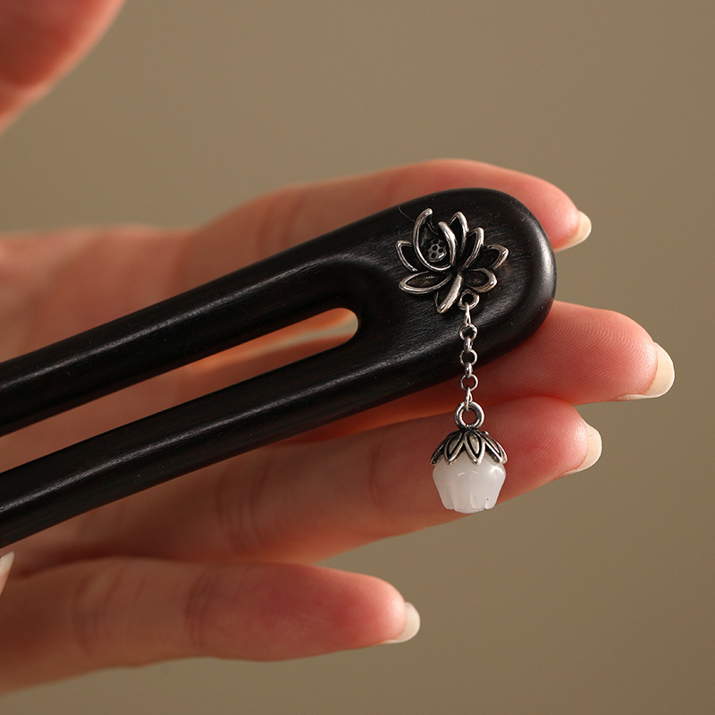 C75 우아한 연꽃 U 자형 머리핀 [흑단]