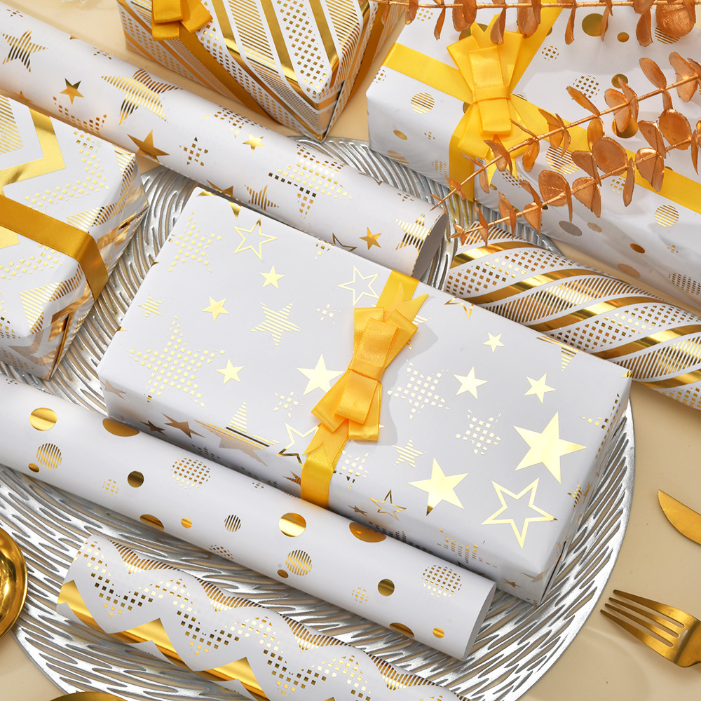 Directo de fábrica nuevo papel de embalaje dorado creativo estrella raya del punto papel de regalo de vacaciones