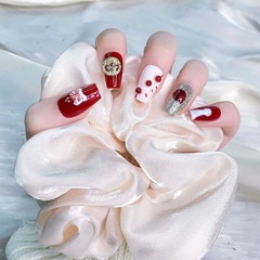 新年戰甲龍年春節手工穿戴甲手作高級國風美甲短款甲片大紅色長款