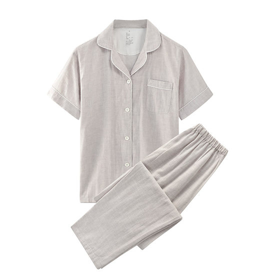 Japanese Style Muji Double-layer Yarn Short-sleeved Home Clothes Good Cotton Plaid Couple Pajamas Set Simple Summer New Product