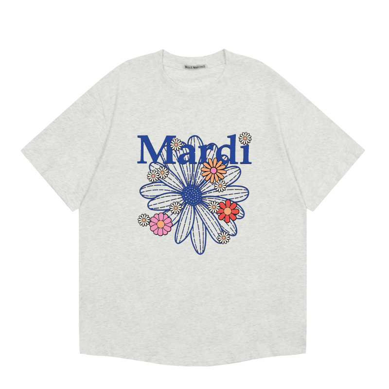 韓国マルディトレンディな半袖フラワープリントゴールドハイシルバー夏ラウンドネック純綿ルーズTシャツトップトレンディ|undefined