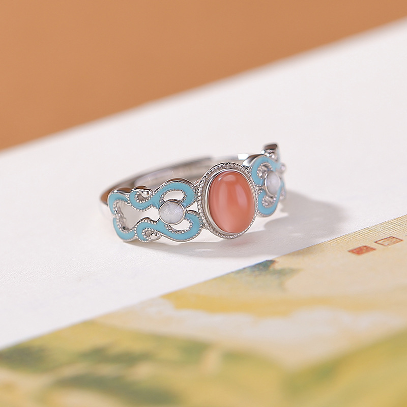 Nhẫn bạc S925 nam mặt mã não đỏ vintage phong cách quốc phong — Một mảnh