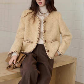 韩国chic秋冬复古肌理感绵羊毛小香风毛呢外套女加厚设计感外搭