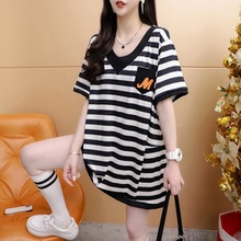 特价 现货【实拍 200克防棉】特大码300斤后拼色条纹v领短袖t恤