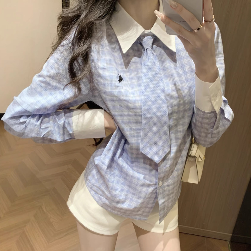 In-Stock Rl Ralph Simple Blue and White Plaid Turn-Down Collar Long-Sleeve Fitted Shirt with Tie, Korean Style, Fresh and Age-Reducing In-Stock Rl Ralph Simple Blue and White Plaid Turn-Down Collar Long-Sleeve Fitted Shirt with Tie, Korean Style, Fresh and Age-Reducing