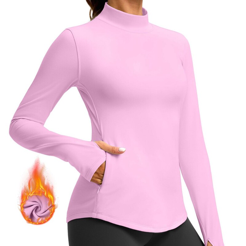 Autumn Winter Women Warm Shirt Long Sleeve Imitation Collar Fleece Tops Running Workout Cold Protection Gear with Zipper Pocket