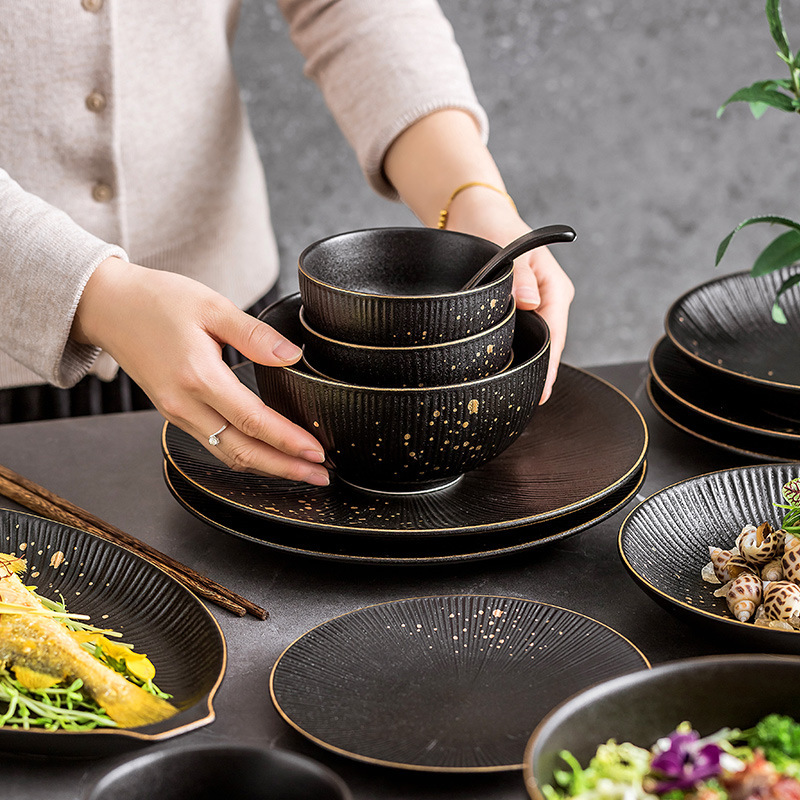 Big Sale Ceramic Household Tableware Set Bowls and Plates Black Style Scandinavian Disc Modern Accessible Luxury Rice Bowl Housewarming Gift