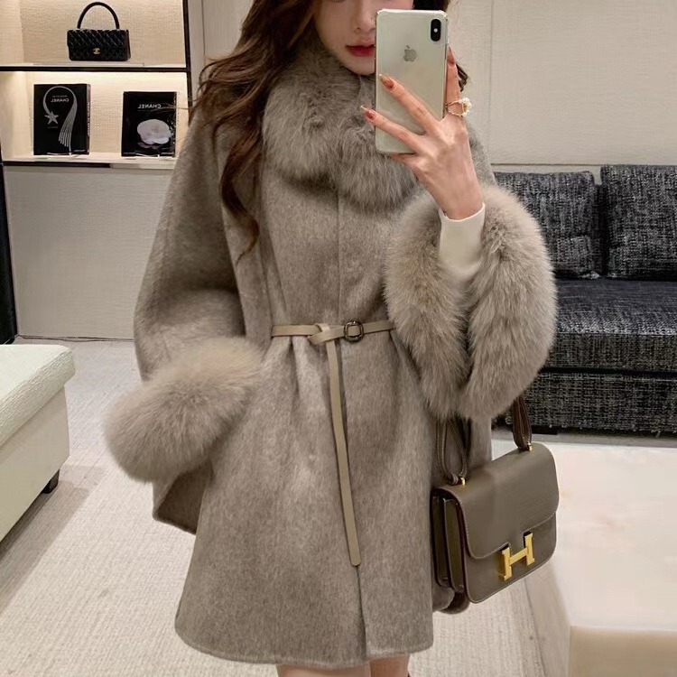 Spring and Autumn New High-end Double-sided Cashmere Coat Women's Fox Fur Collar Cape Shawl Korean Style Wool Fur Coat