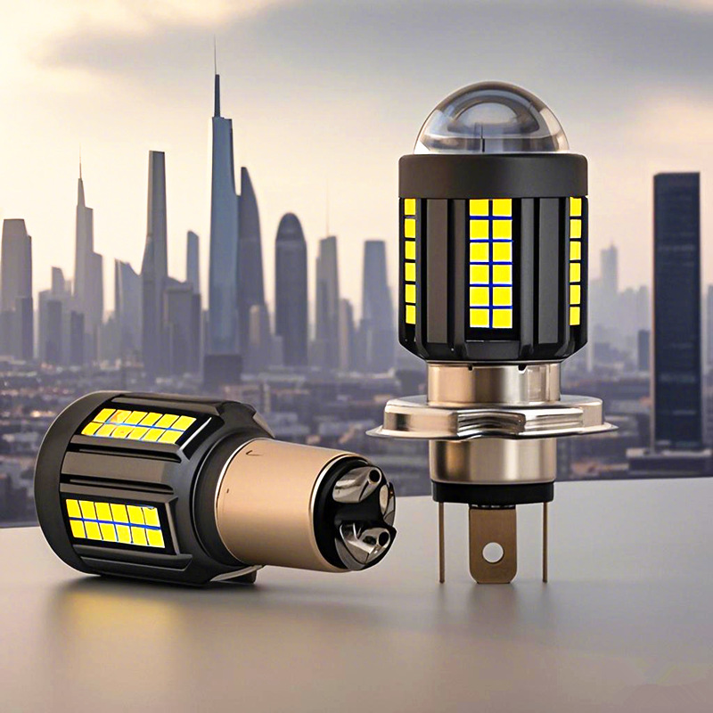 Bombilla de acero de motocicleta LED H4 lente de vehículo eléctrico blanco amarillo bicolor LED ojo de pez faro BA20d