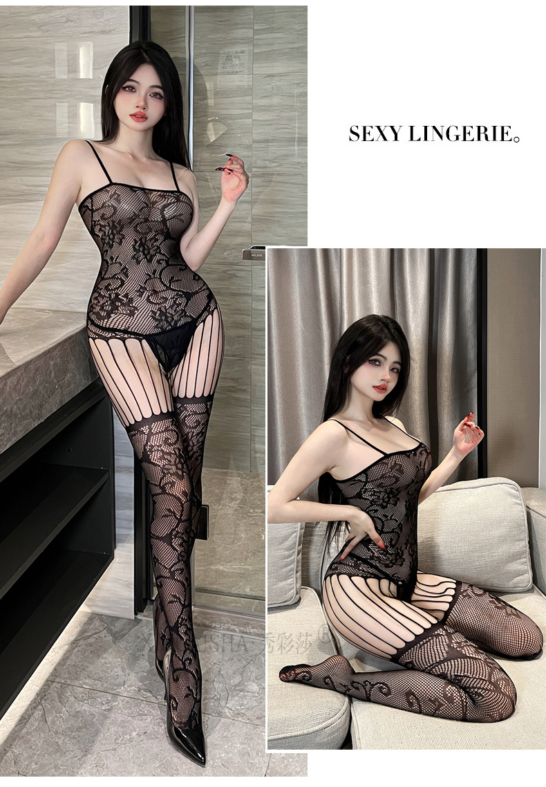Plus Size Black Lace Babydoll with Hollow-out Mesh and Sling Design — detail image 10
