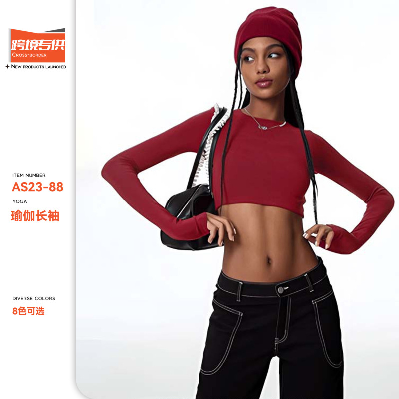 European and American Export Yoga Tops Long-Sleeved Navel-Baring Short Quick-Drying Running Yoga Clothes Outdoor Sports T-Shirts with Chest Pads