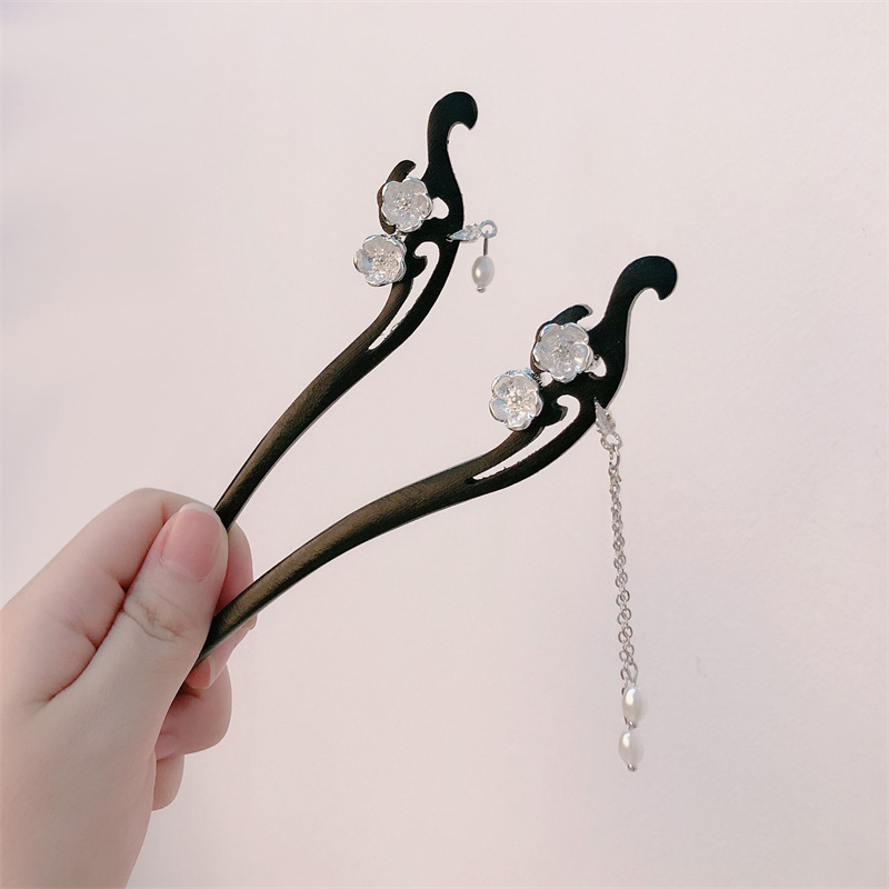 Horquilla de ébano, estilo antiguo, borla, flor plateada, tocado, simple y moderno, accesorios para el cabello de perlas de nicho para mujeres