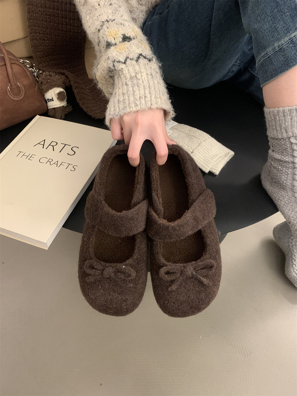小香风蝴蝶结灰色毛呢内增高加绒勃肯鞋子女厚底玛丽珍浅口毛毛鞋|undefined