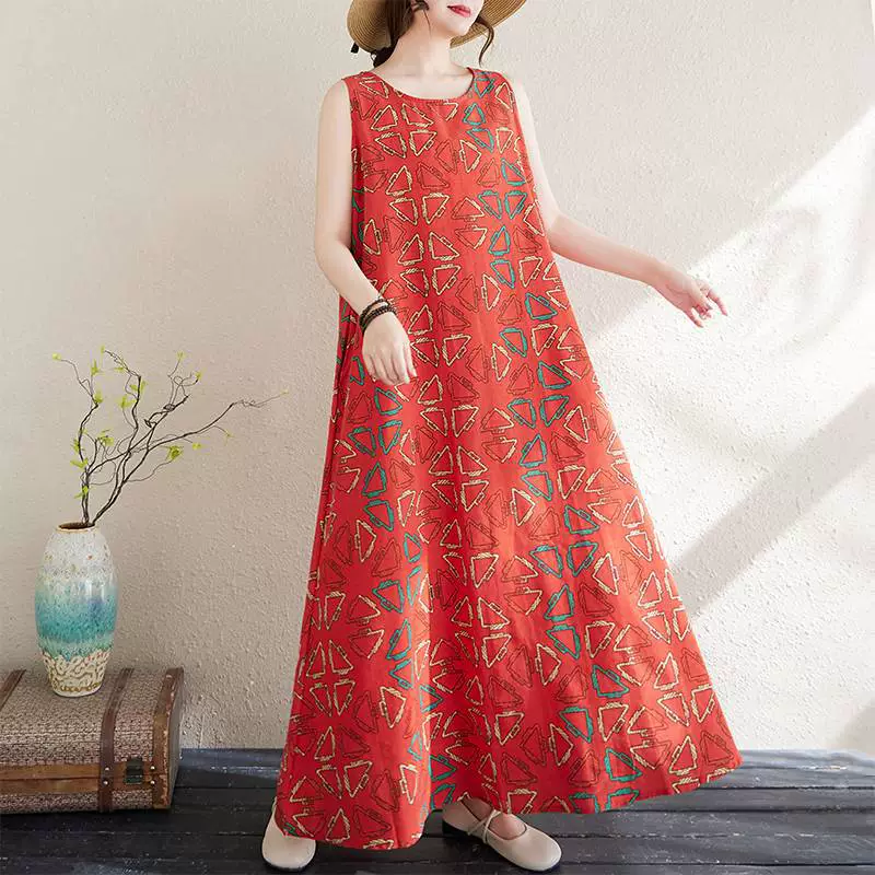 2025 реальный выстрел супер-размера 220 кг Летний богемный национальный стиль принт хлопчатобумажная льняная свободная длинная юбка большая юбка
