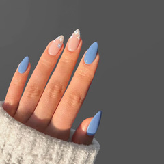 跨境流行穿戴甲中長款藍色小花輕奢指甲貼片24片外貿美甲甲片批發