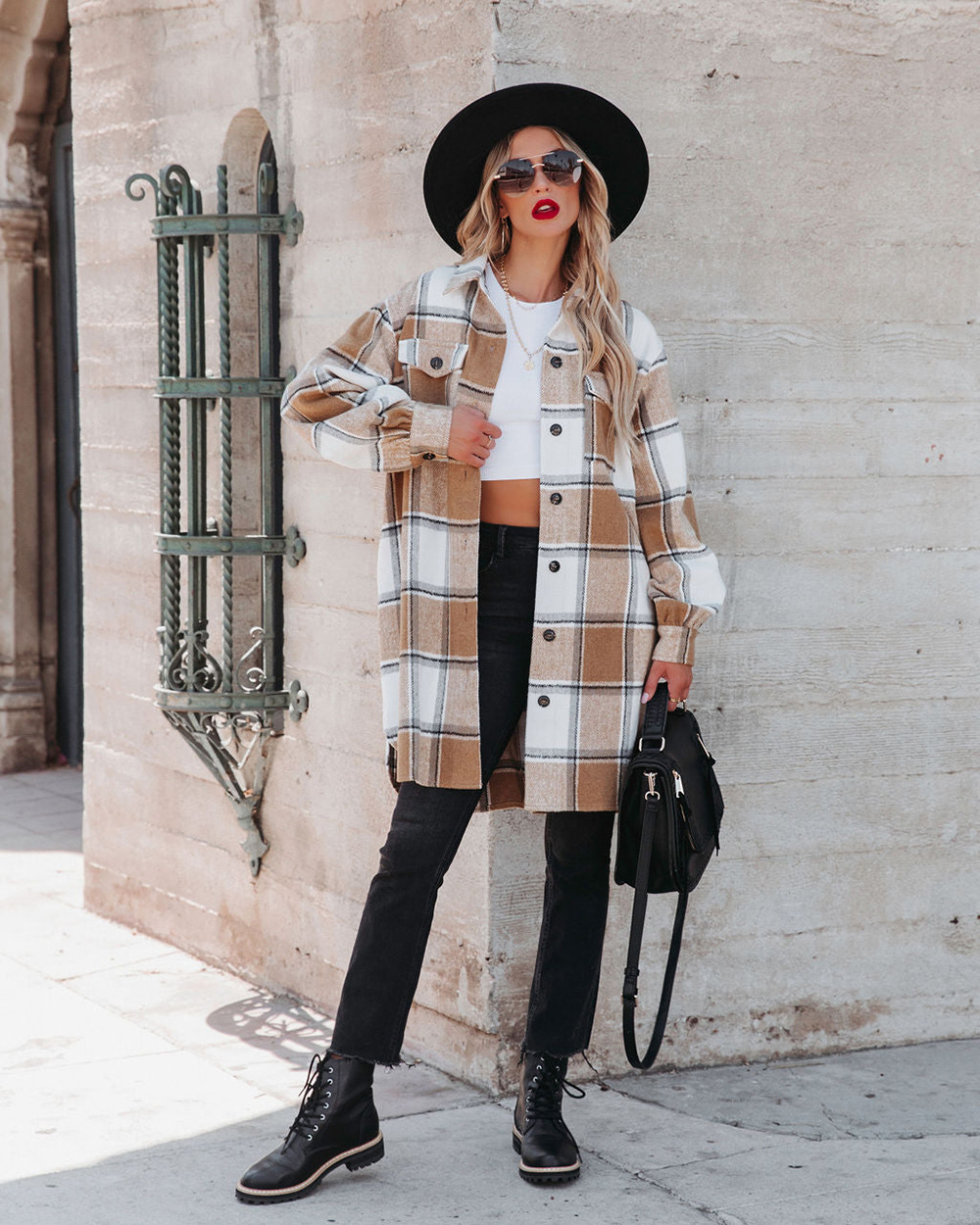 Women's Long Plaid Overcoat With Lapel For Elegant Commuter Style_voghion.com