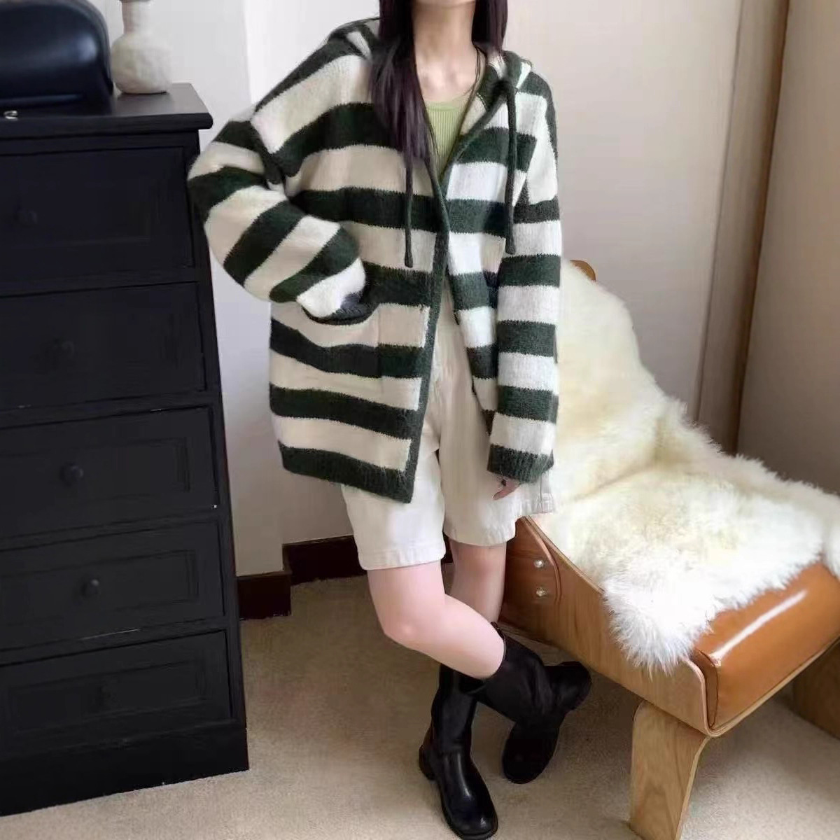Korean Style Hooded Large Size Stripesd Knitted Cardigan Mid-Length 2025 Autumn New Lazy Style Loose Sweater Jacket for Women