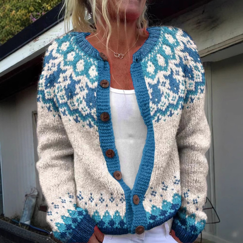 (3D Digital) New Amazon European and American Cross-Border Ethnic Style Jacquard Digital 3D Knitted Cardigan Shein