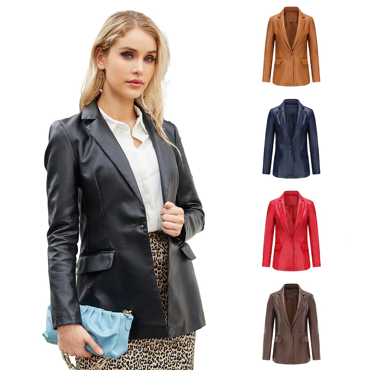 2023 Real Shot of New European and American Small Suits Cross-Border Long-Sleeved Jackets for Women Single-Button Work Clothing Casual Pure Color Leather Jackets