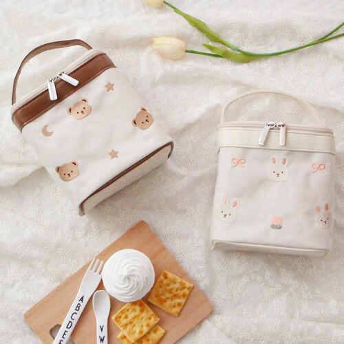 Ins style baby food insulation bag mommy bag embroidered bear children lunch bag portable picnic bag lunch box bag