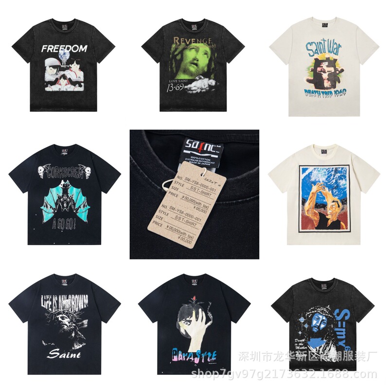 Cross-Border European and American Trendy Brand Saint Hip-Hop Character Letter Pattern Printed Short-Sleeved T-Shirt for Men and Women American High Street Half-Sleeve
