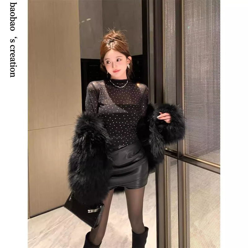 French-Style Sequin Half-High Collar Mesh Inner Base Shirt for Women, Korean Version Slim-Fit Elegant T-Shirt, Fashionable Outerwear Top