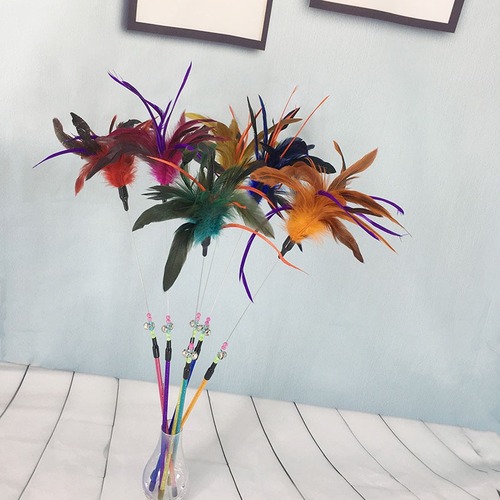 Starlight Cat Toy Cat Wire Spring Cat Wiggler Wand Soft Turkey Feathers Colorful Feathers with Double Bells