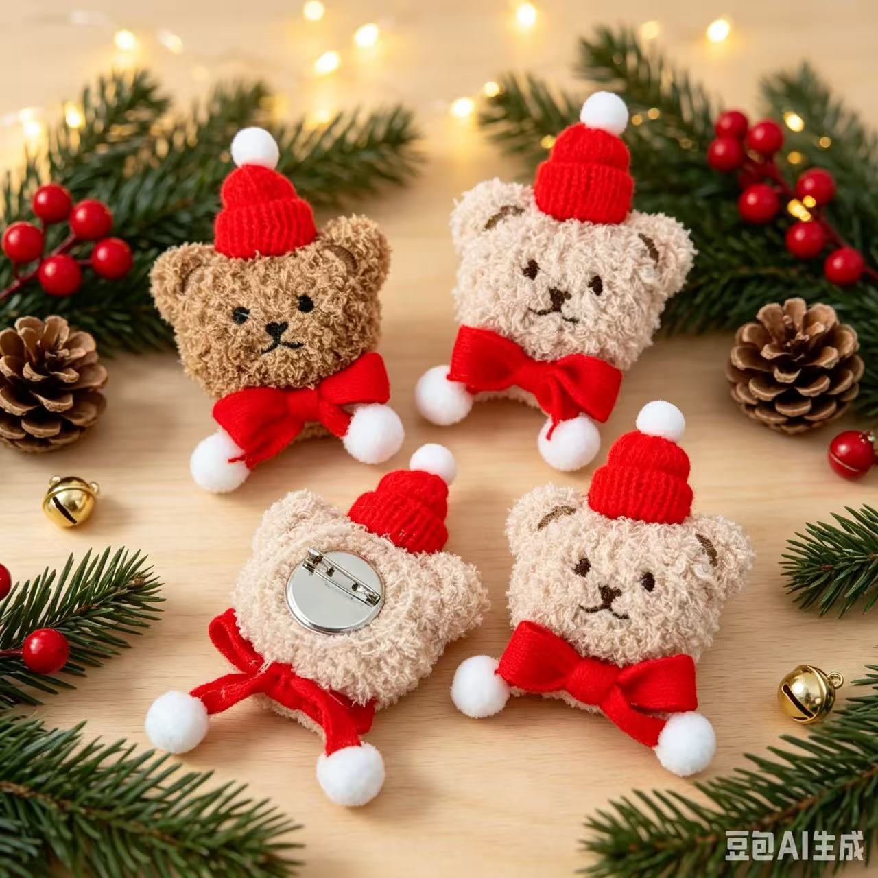 Cute Plush Bear Brooch Cartoon Doll Christmas and New Year Pin Girl's Chest Pin Bag Pendant Accessory