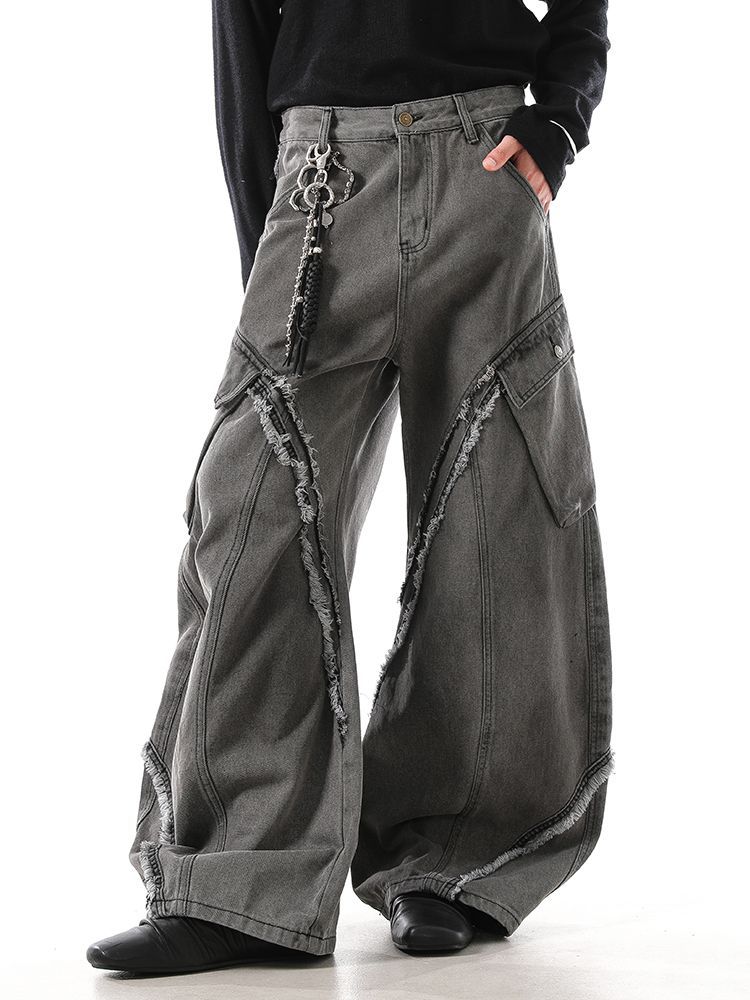 Retro americano bordes de cimetaje contorno jeans estilo de diseño de alta calle estereoscópico bolsillo grande pantalones casuales sueltos