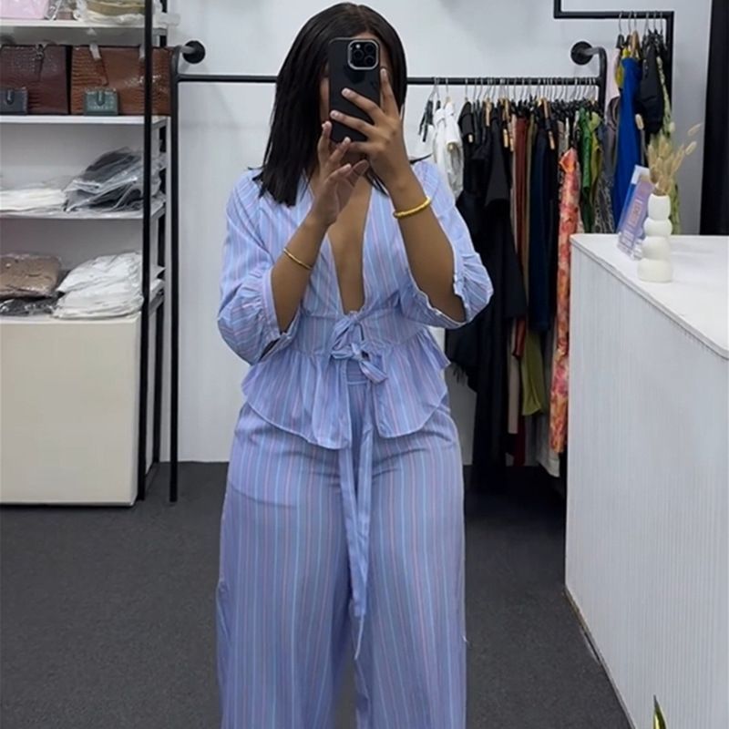 Women's Clothing Women's Sweet V Neck Striped Shirt And Wide Leg Trousers Casual Set Style Spring For Formal & Casual For Women_ecoleips.com