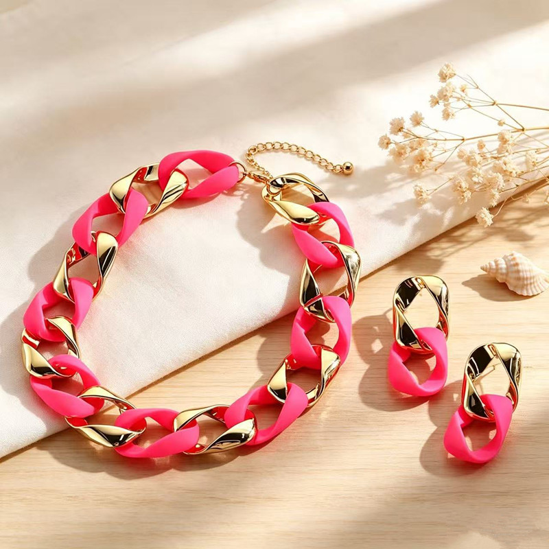 European and American cross-border hollow square acrylic Cuban chain necklace and earring set, hip-hop bright color spliced jewelry accessories