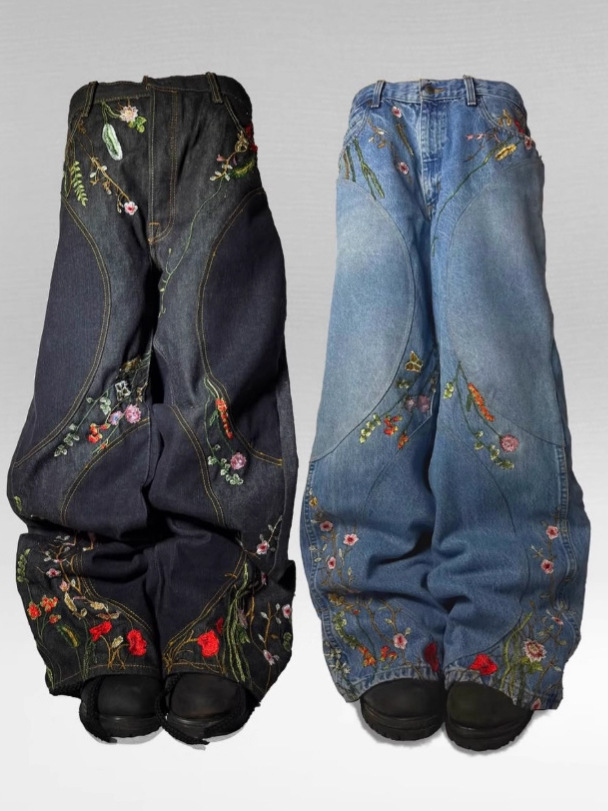Pantalones largos holgados de estilo Y2K europeo y americano, con diseño de patchwork, bordado floral, para hombre y mujer, pantalones largos hasta el suelo, a la moda.