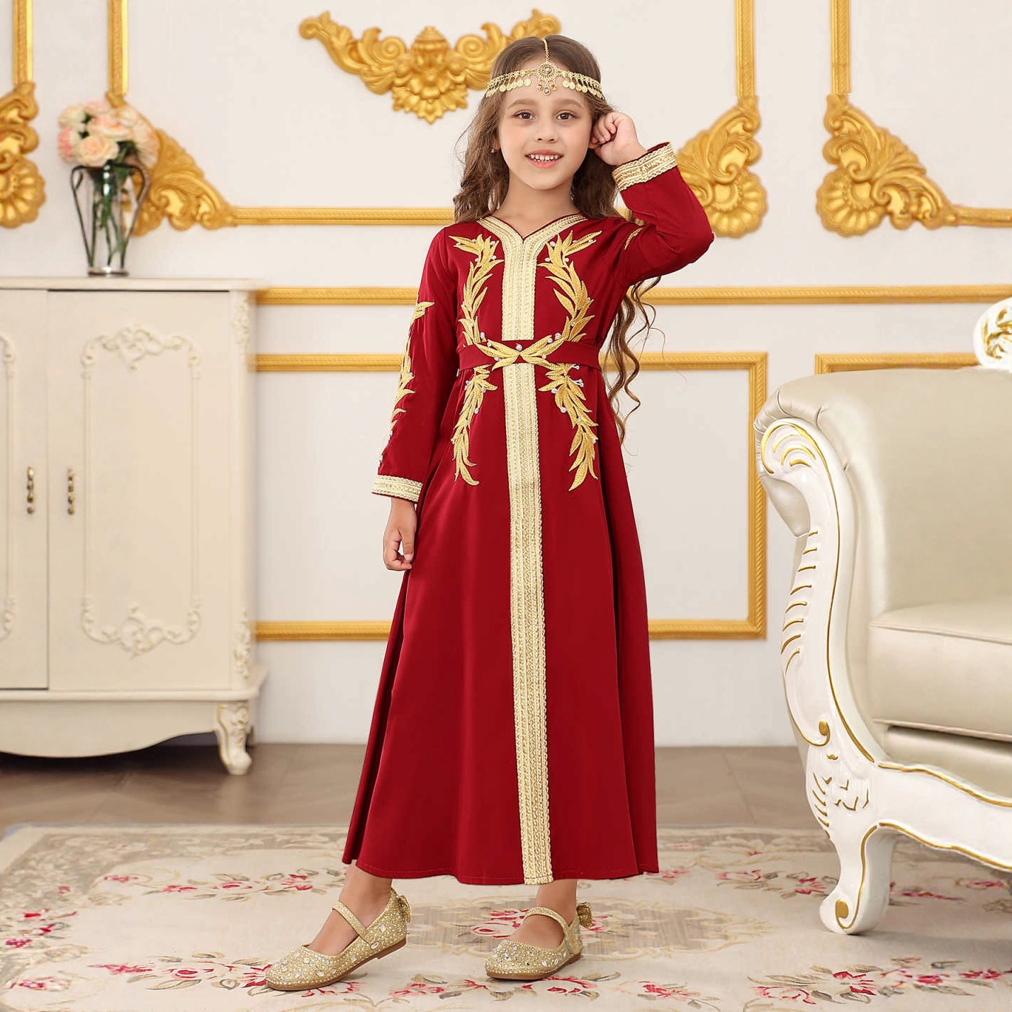 Girls Turkish Lace Trim Dress Solid Colour Childrens Robe_voghion.com
