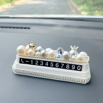 Car personalized creative goddess style temporary parking number plate, car phone number card, digital plate for car interior decoration (Nömrəli dayanma kartı) - bear-shaped-diamond-studded-parking-tag