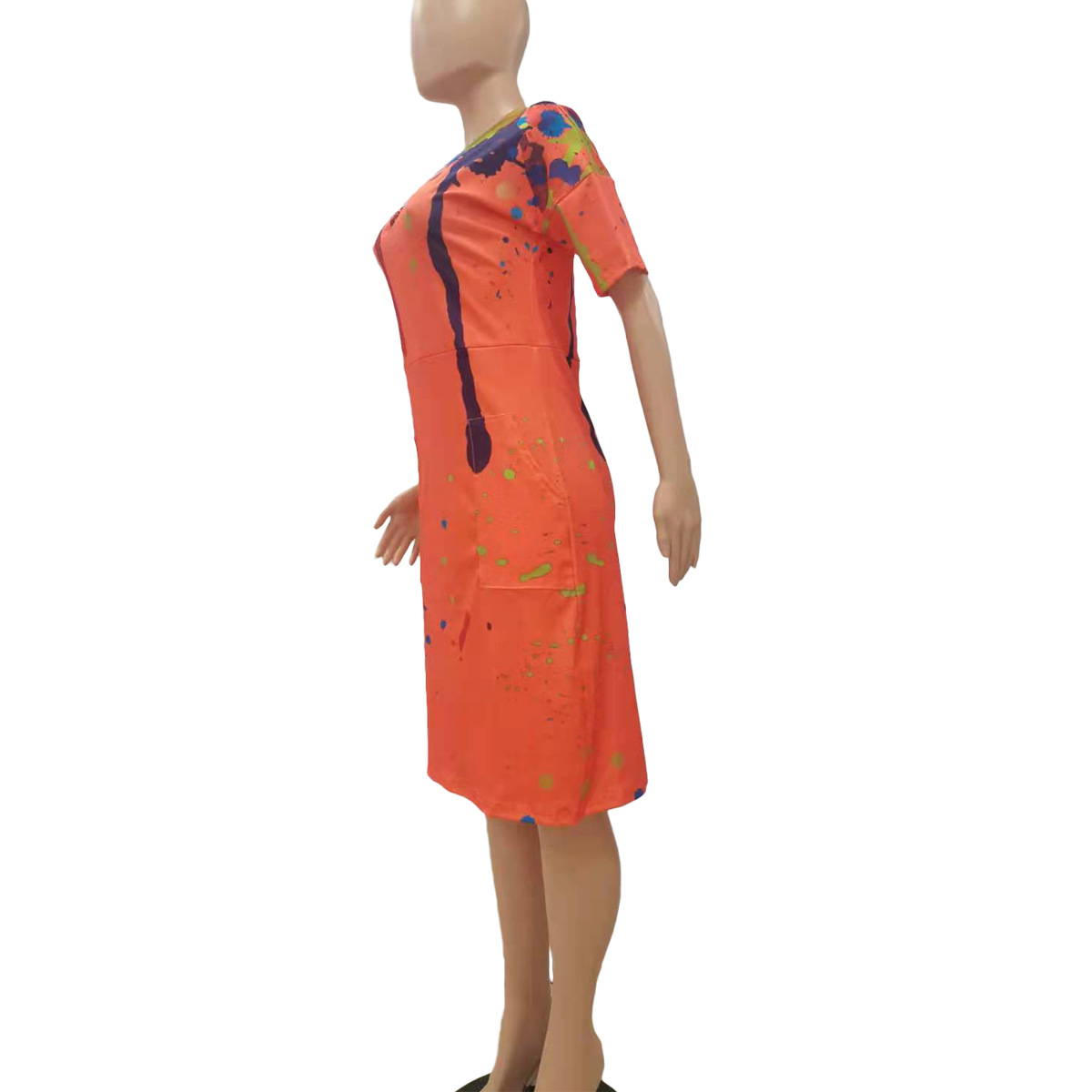 Loose Splashed Ink Printing V neck Casual Dress with Pocket