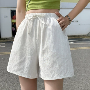 Shorts women, cotton-linen beach shorts, oversize plus-size, elastic waist