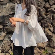 减龄外搭衬衣娃娃衫七分袖上衣V领韩版宽松蓬蓬打底衬衣衬衫宽松