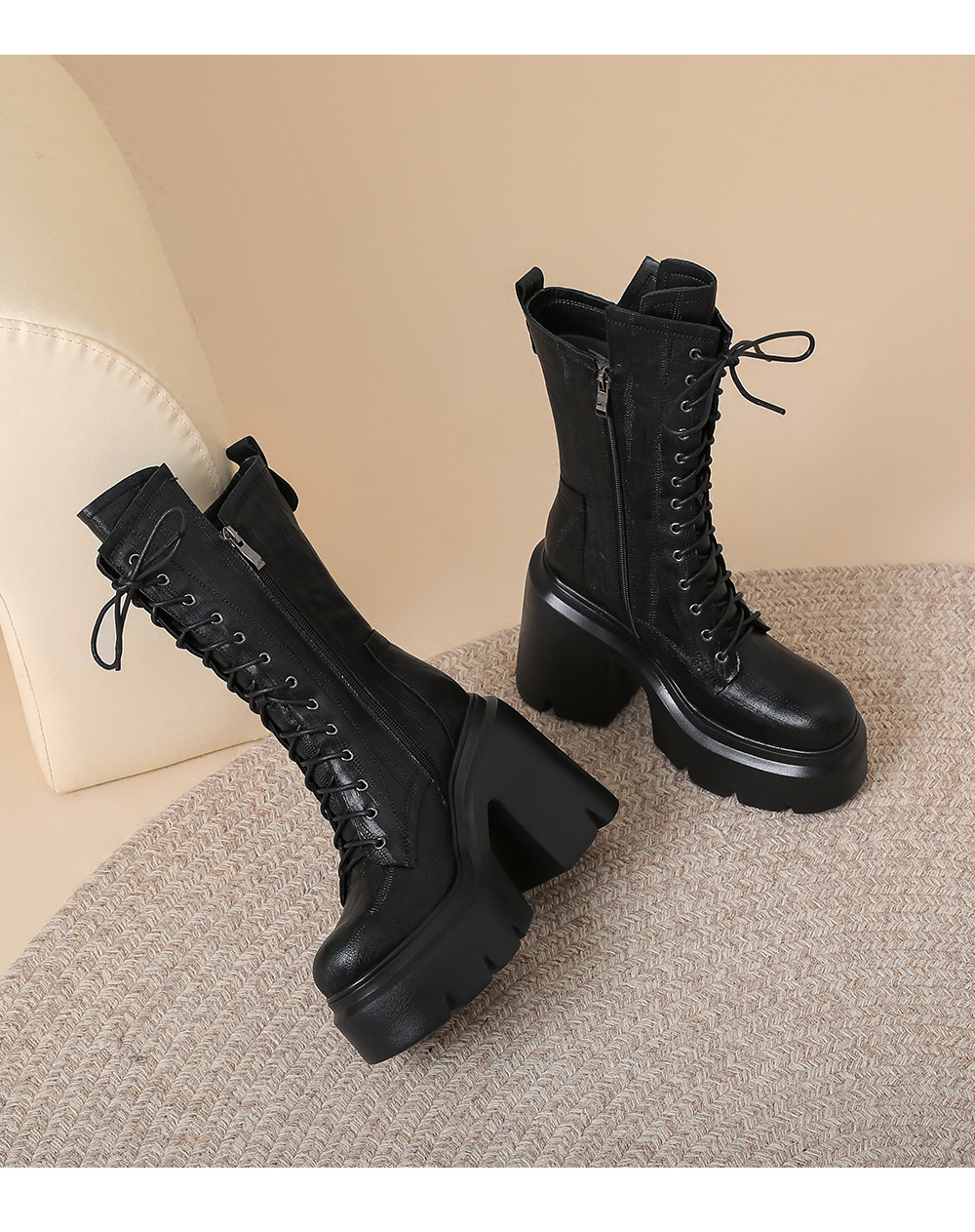 Boot Martin nữ buộc dây phong cách Anh, gót 12 cm — Lớp lót nhung đen chi tiết 12