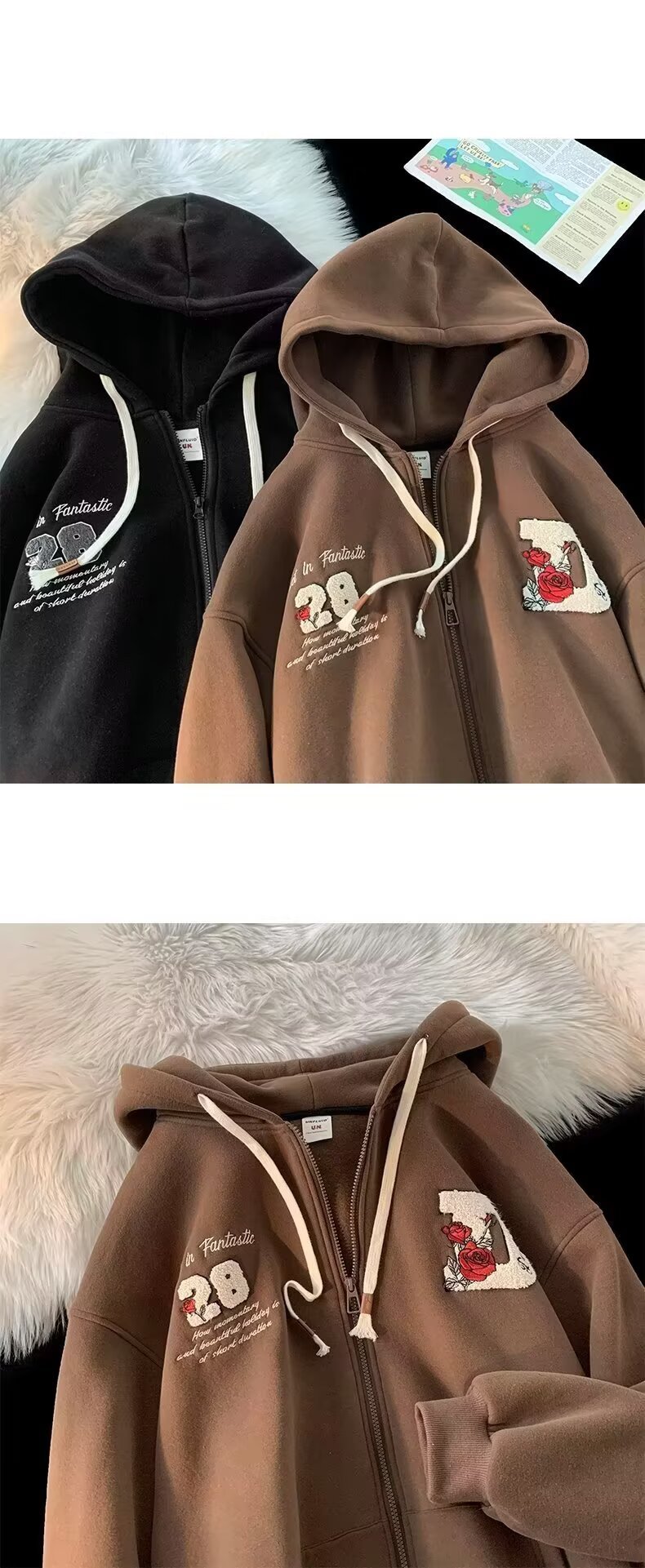 Felpa con cappuccio e cerniera retrò – Felpa unisex oversize con grafica anime (beige/marrone/nero, S-3XL)_voghion.com