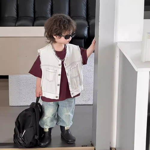 Children's vest 2024 spring new boy's plain stitch edge vest for middle children versatile solid color baby vest
