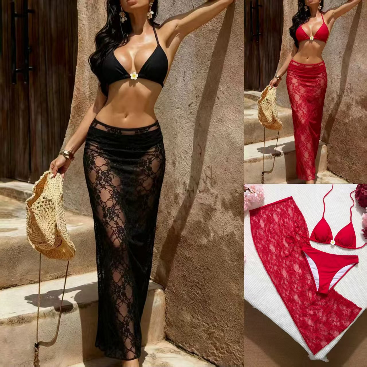 European and American Style Sexy Halter Bikini Swimsuit for Women, Three-Piece Set, Red Lace See-Through Long Skirt Cover-Up, Cross-Border Swimwear for Women
