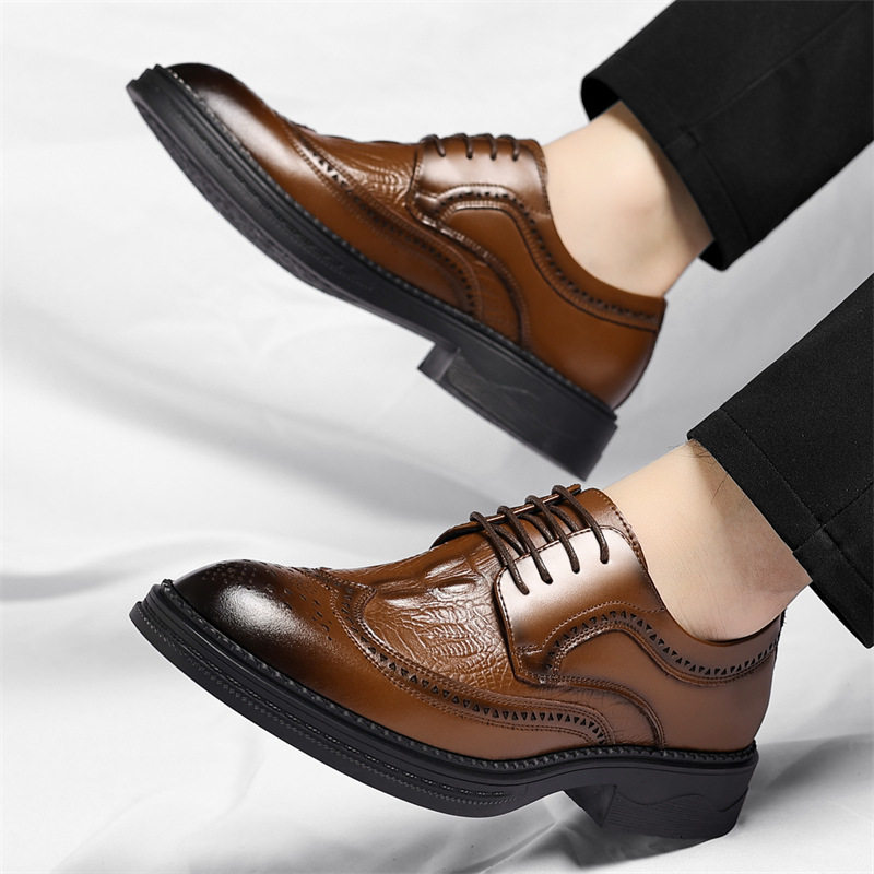 Giày da nam công sở da bò vân cá sấu mũi nhọn kiểu Brogue tăng chiều cao — Nâu công sở, Đen thời trang