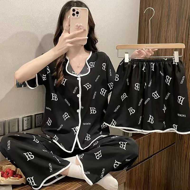 Explosión de tres piezas Cardigan pijama de mujer de verano de mangas cortas pantalones largos delgados se pueden usar dibujos animados dulce conjunto de ropa para el hogar