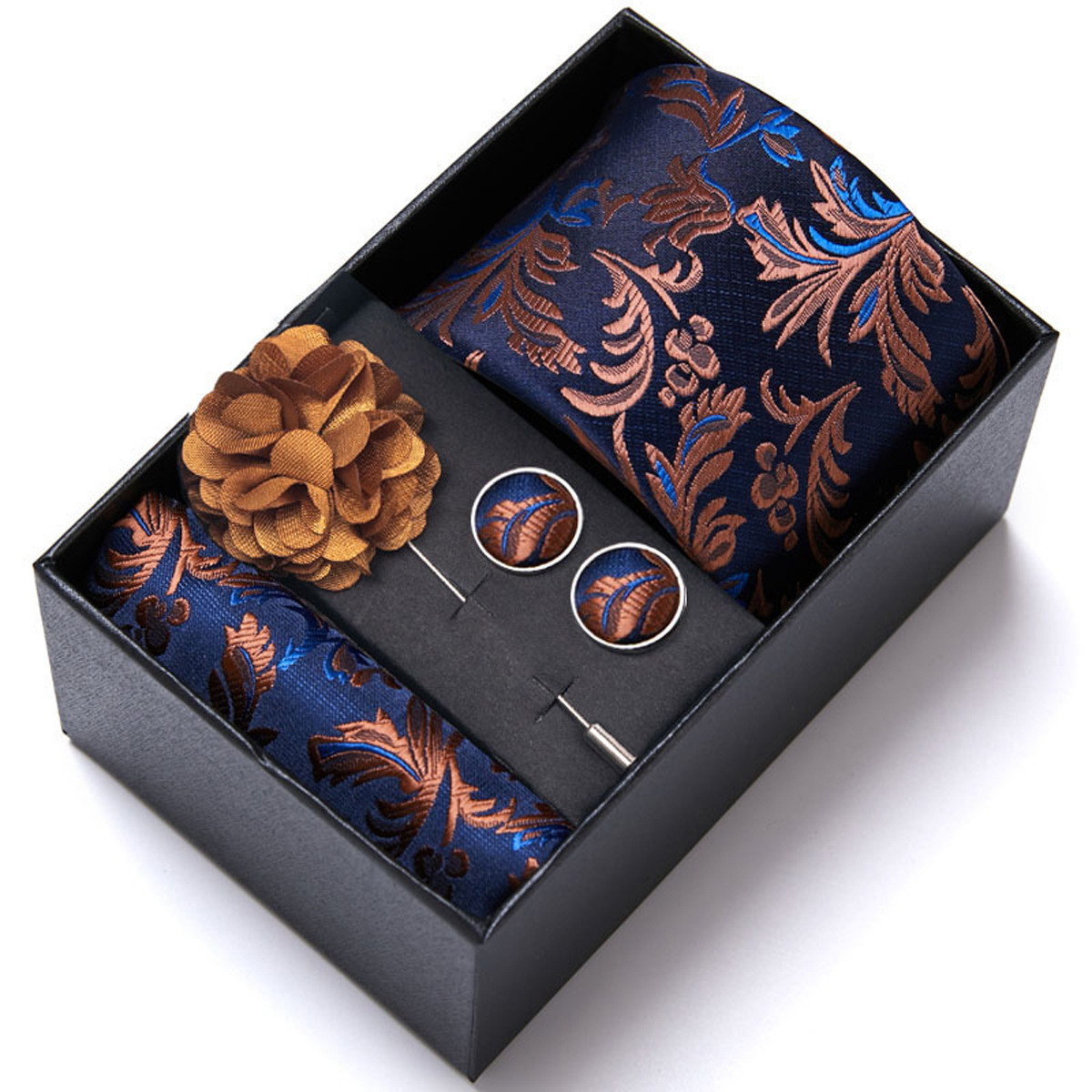 男性の新しい青いストライプのプリントネクタイのスカーフのカフスの胸の花のギフトボックスの包装の贈り物の佳品は祝日に適します。
