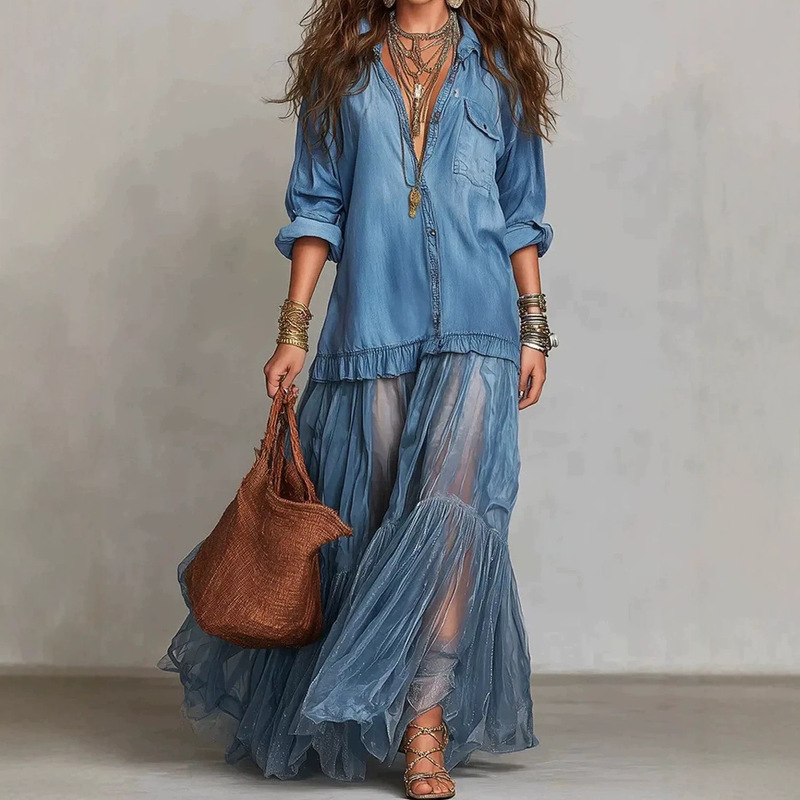 2026 European and American Style Cross-Border Independent Site Hot-Selling Women's Retro Lapel Faux Denim Long Dress Casual Pocket Dress 2026 European and American Style Cross-Border Independent Site Hot-Selling Women's Retro Lapel Faux Denim Long Dress Casual Pocket Dress