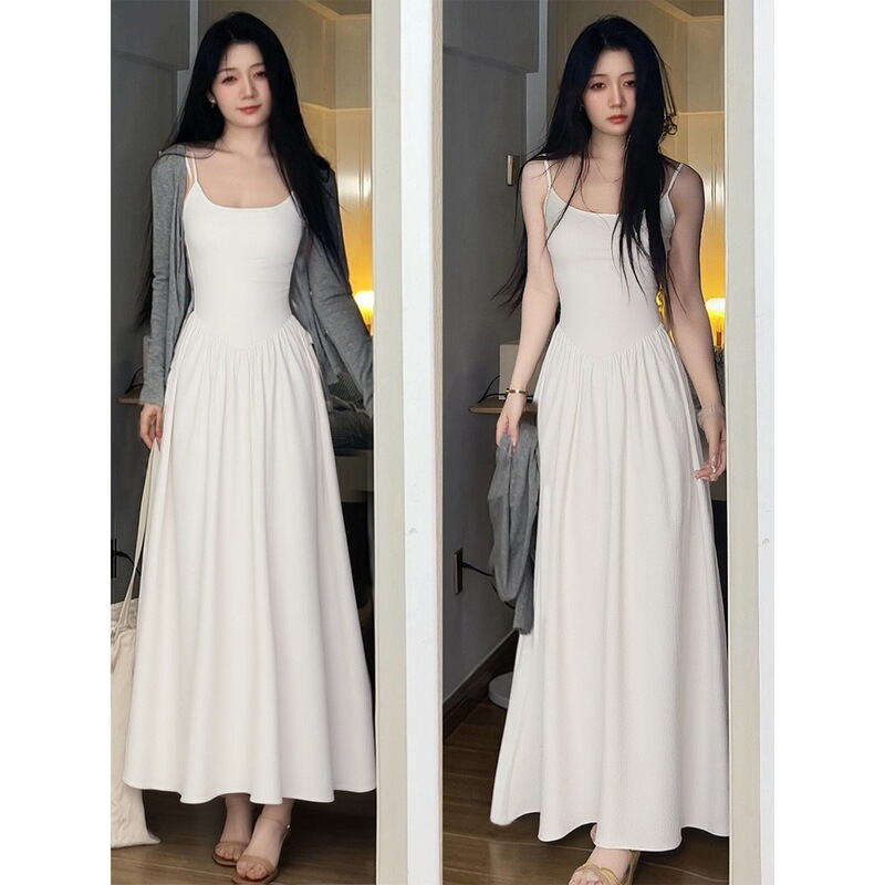 White long strap dress for petite women, Korean style, absolutely beautiful first love little white dress, beautiful outfit for early spring