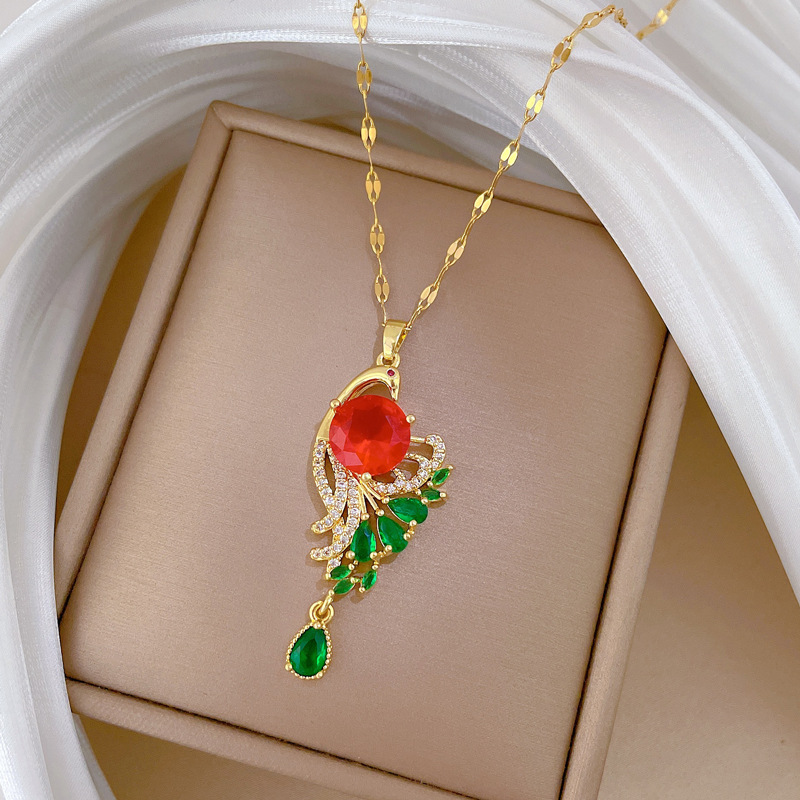 【钛钢】轻奢微镶真金孔雀开屏项链女新款锁骨链轻奢小众设计感详情12